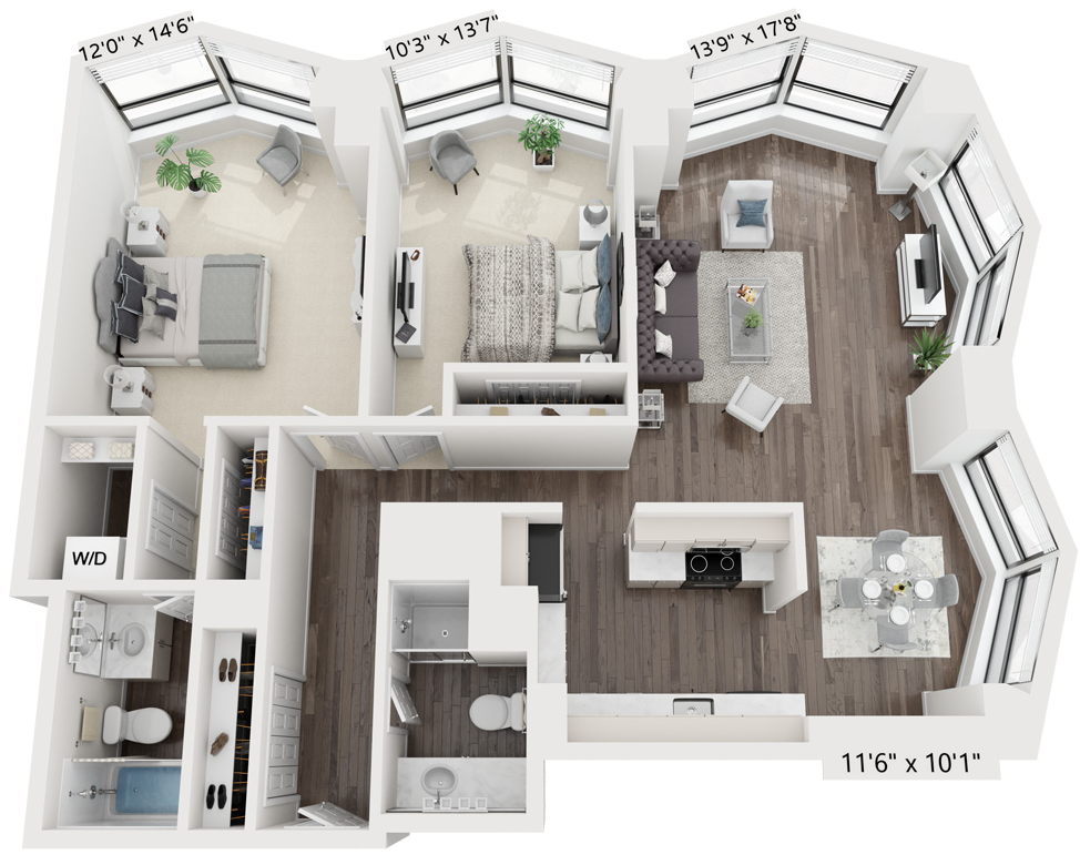 Floor plan for 2 beds, 2 baths, 1090 sqft